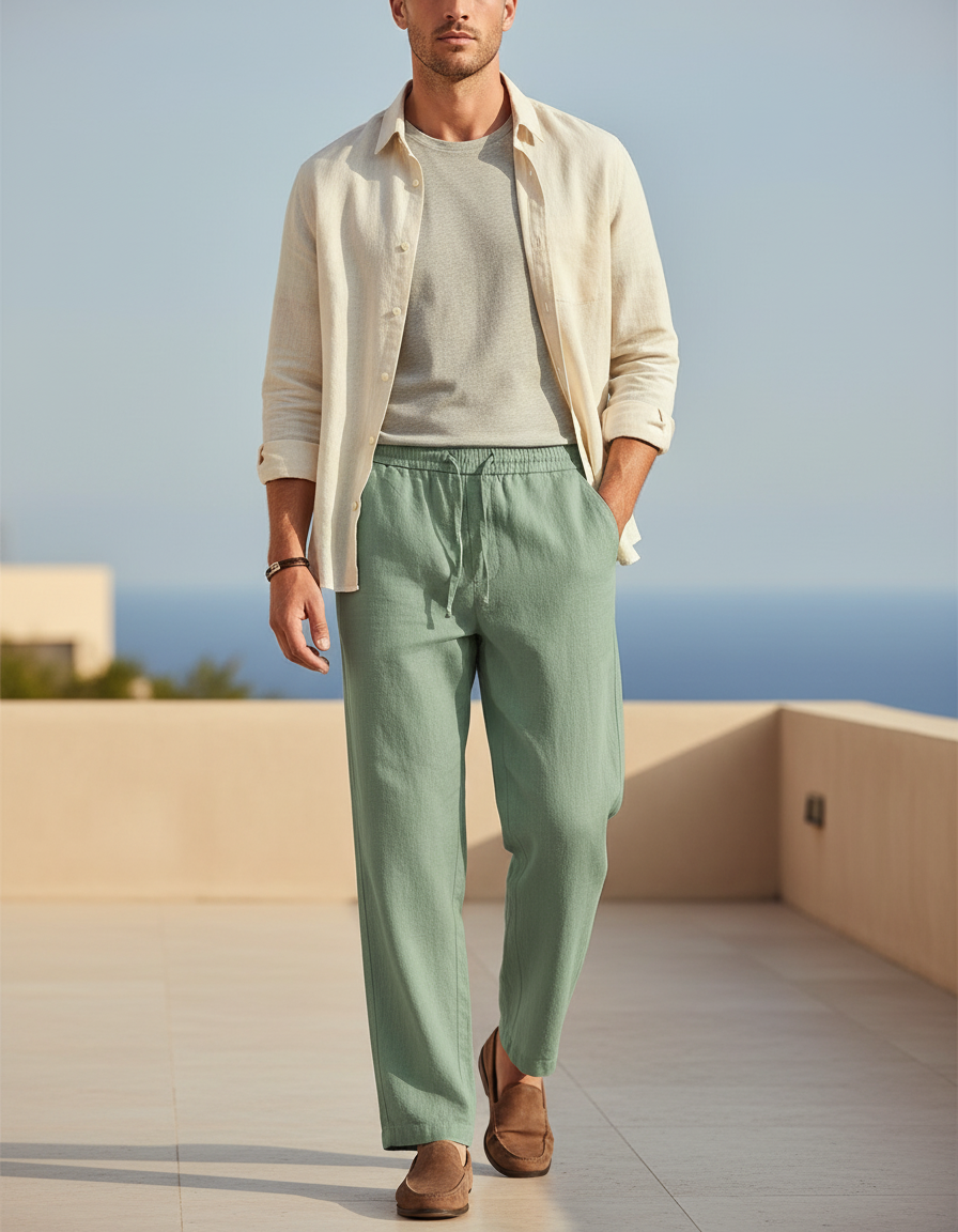 Pantalon En Lin Vert Ample Cordon Décontracté Homme
