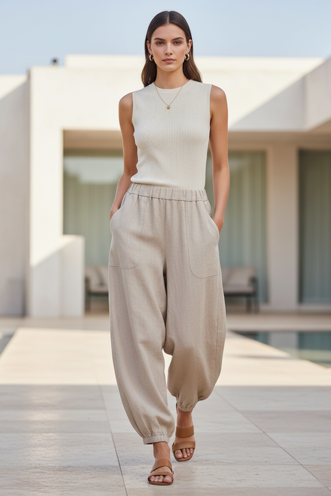 Pantalon En Lin Beige Ample Taille Élastique Harem