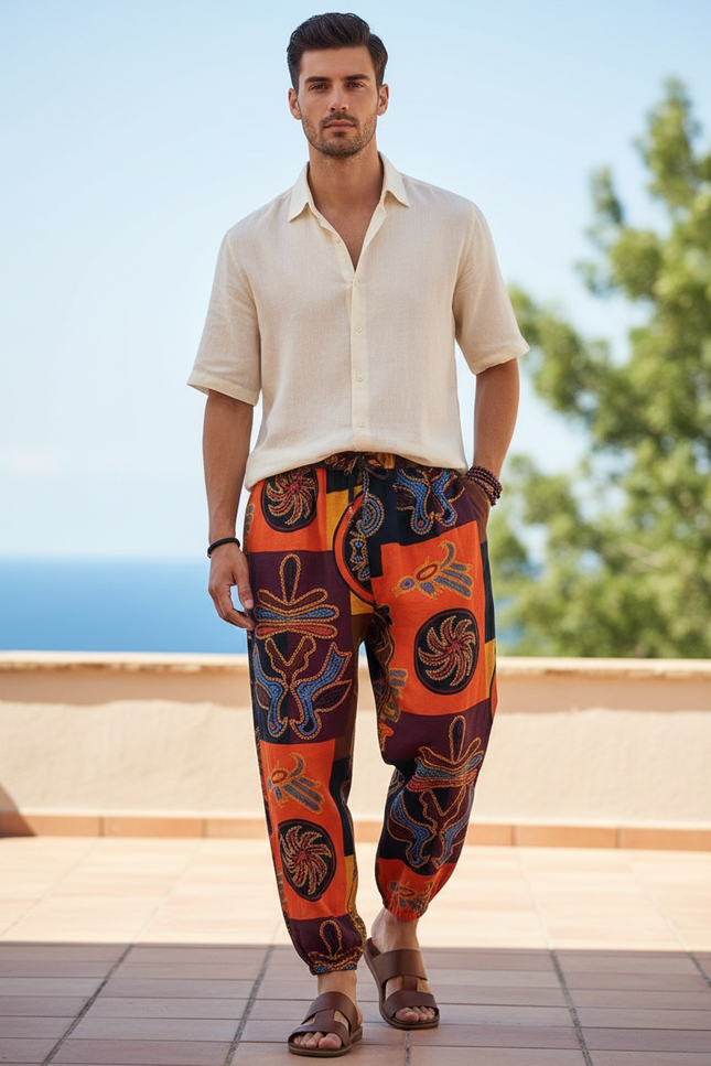 Pantalon En Lin Ethnique Ample Imprimé Harem Décontracté - Multicolore