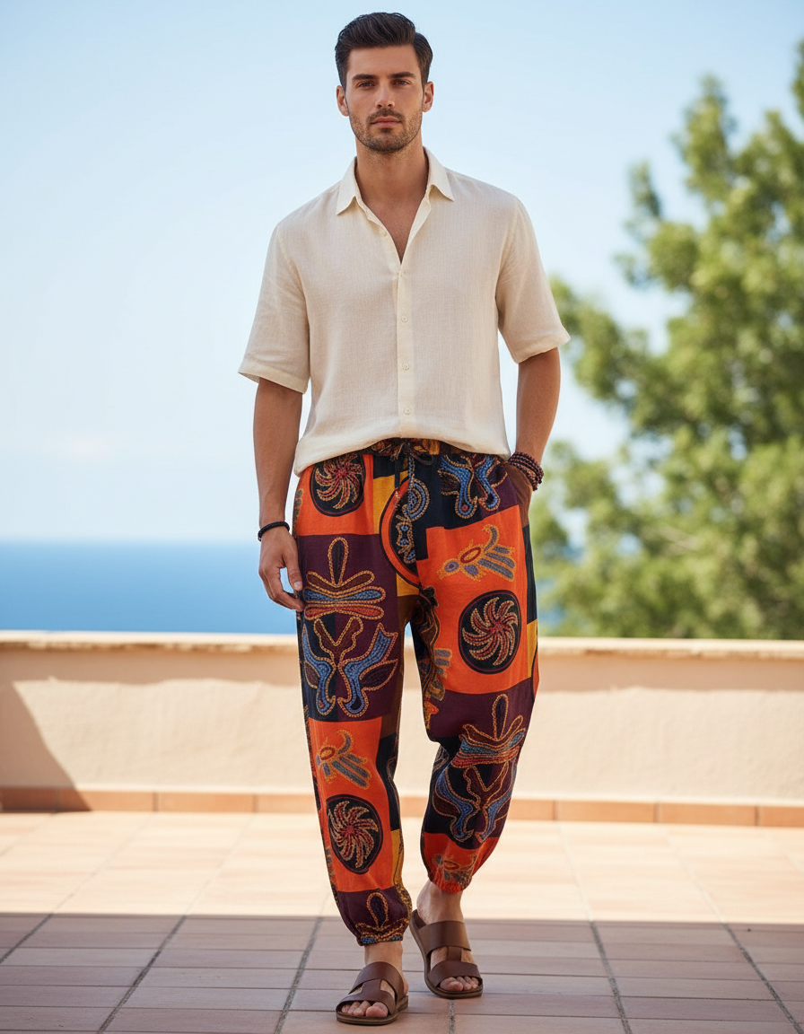 Pantalon En Lin Ethnique Ample Imprimé Harem Décontracté - Multicolore