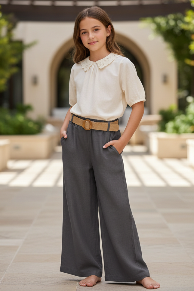 Pantalon En Lin Gris Ample Ceinturé Fille