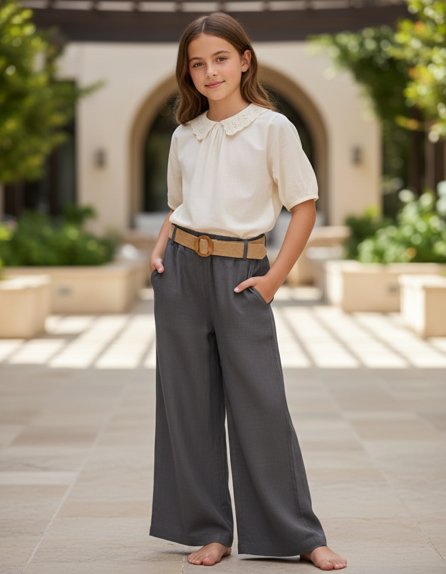 Pantalon En Lin Gris Ample Ceinturé Fille