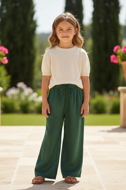Pantalon En Lin Vert Ample Taille Élastique Fluide Décontracté