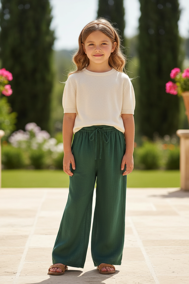 Pantalon En Lin Vert Ample Taille Élastique Fluide Décontracté