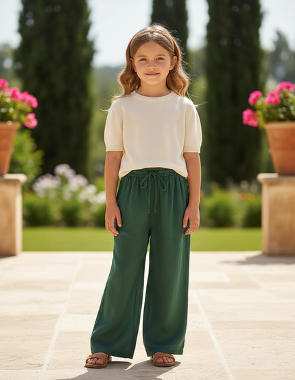 Pantalon En Lin Vert Ample Taille Élastique Fluide Décontracté