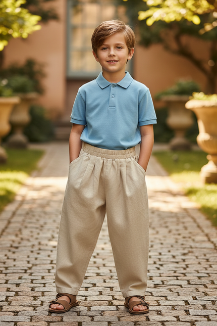 Pantalon En Lin Garçon Écru Coupe Ample - Beige