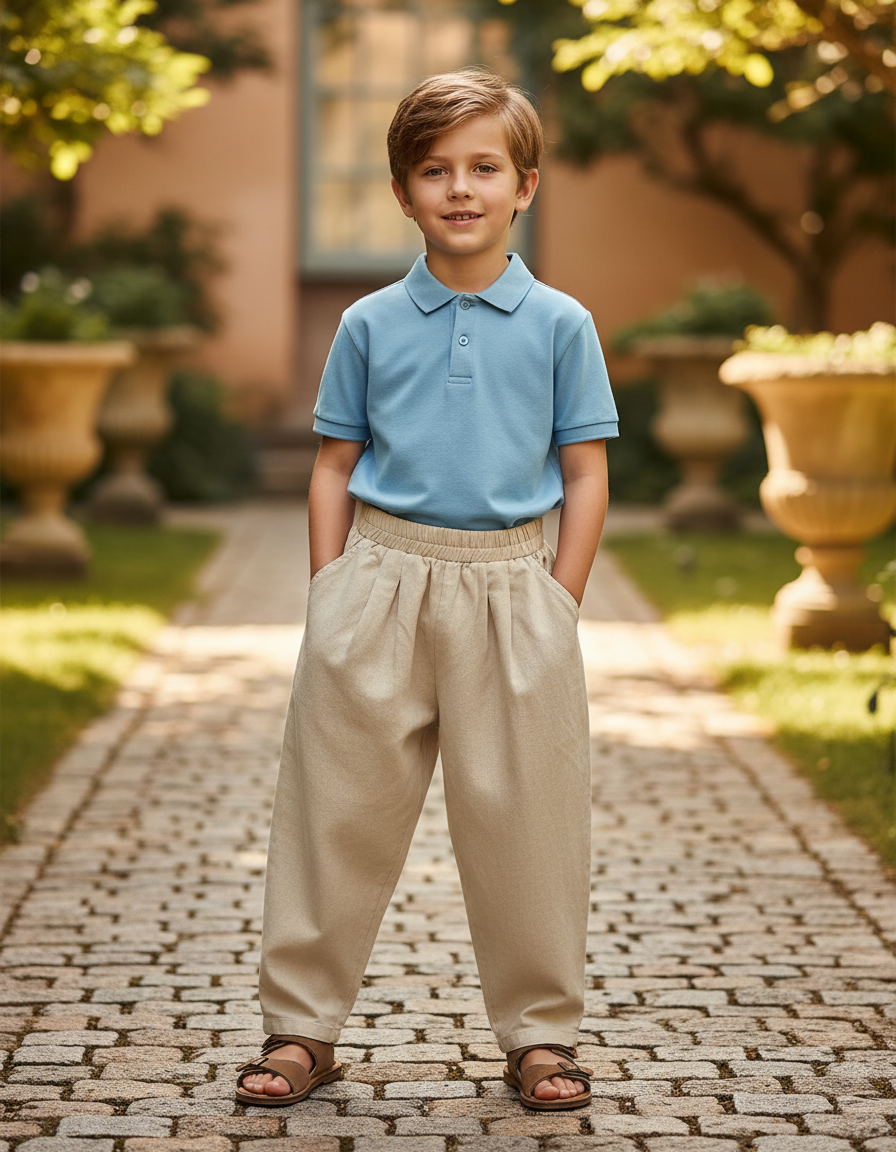 Pantalon En Lin Garçon Écru Coupe Ample - Beige