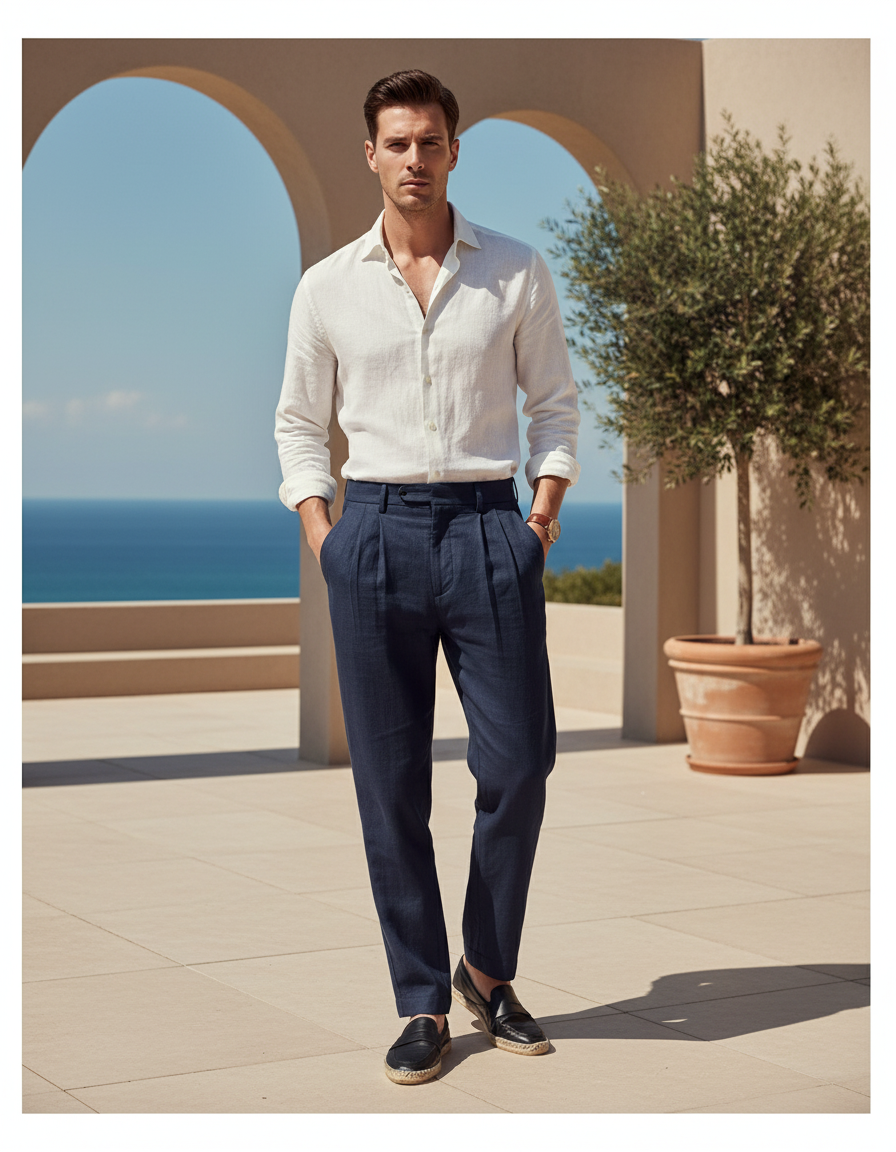 Pantalon En Lin Homme Bleu Marine Pince