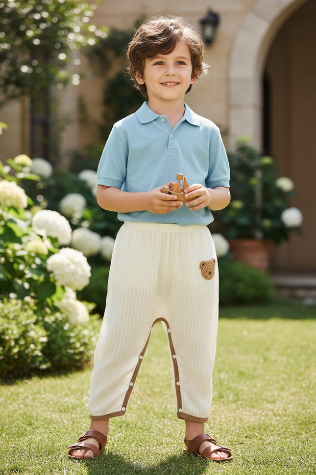 Pantalon En Lin Crème Ample Boutonné Brodé Bébé - Beige