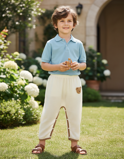 Pantalon En Lin Crème Ample Boutonné Brodé Bébé - Beige