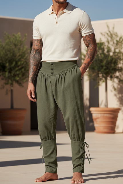 Pantalon En Lin Vert Militaire Ample Lacets Médiéval Homme - Kaki