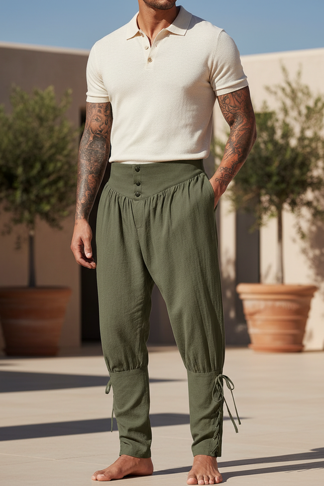 Pantalon En Lin Vert Militaire Ample Lacets Médiéval Homme - Kaki