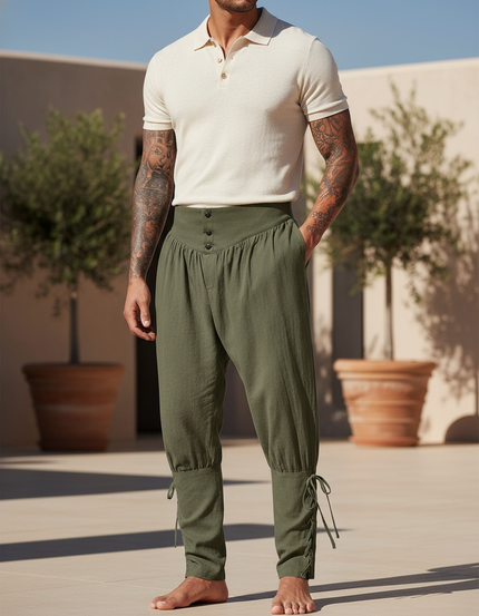 Pantalon En Lin Vert Militaire Ample Lacets Médiéval Homme - Kaki