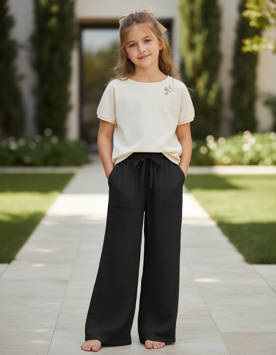 Pantalon En Lin Fille Noir Large