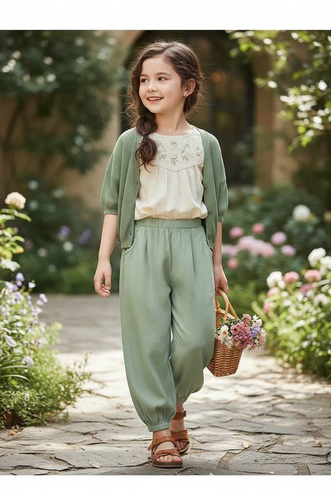Pantalon En Lin Vert Ample Confortable Enfant Léger