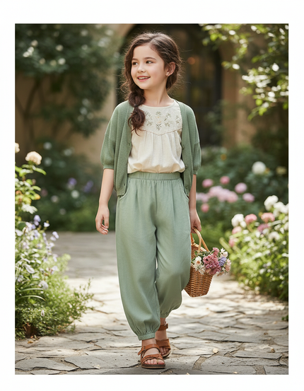 Pantalon En Lin Vert Ample Confortable Enfant Léger