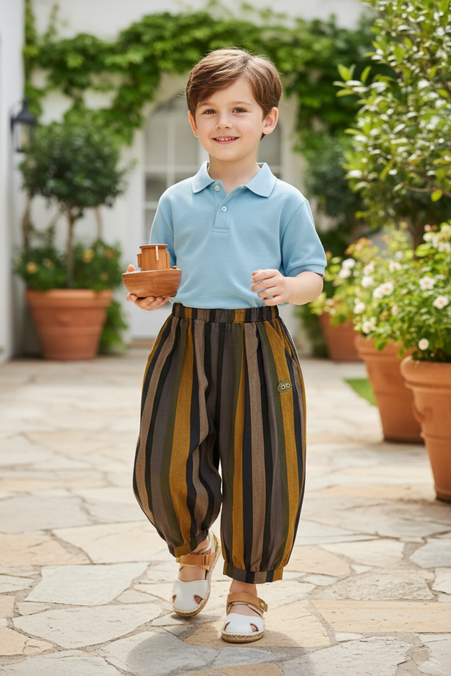 Pantalon En Lin Rayé Ample Garçon Décontracté Multicolore