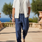 Pantalon En Lin Bleu Ample Décontracté Homme Cordon