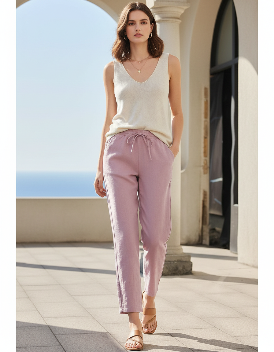 Pantalon Fusele Lin Femme - Rose