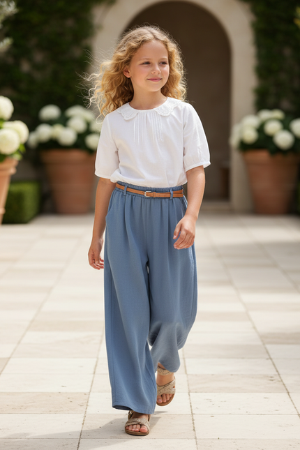 Pantalon En Lin Bleu Ample Fluide Enfant