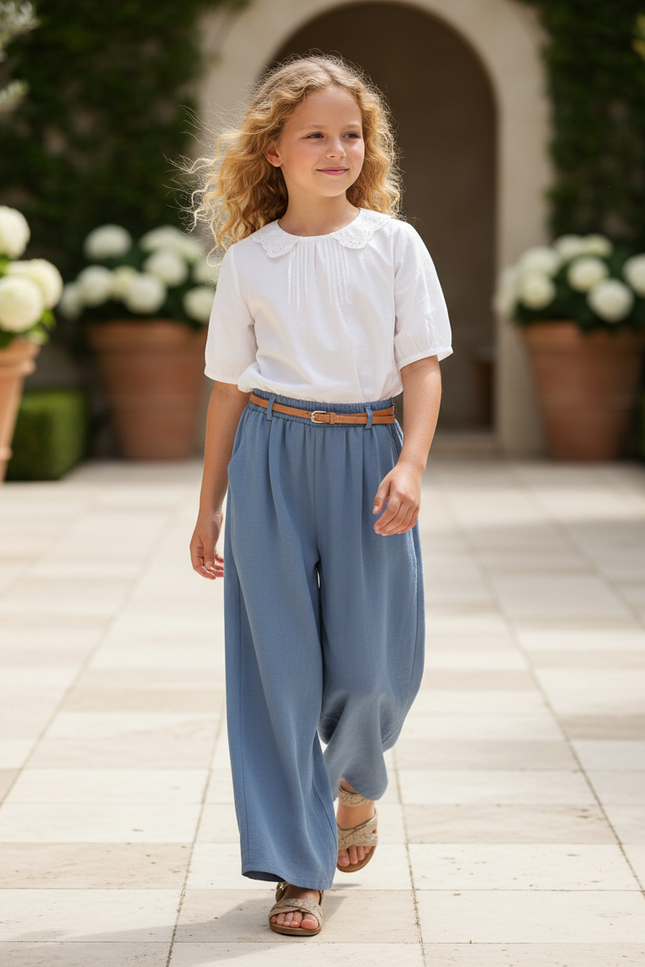 Pantalon En Lin Bleu Ample Fluide Enfant