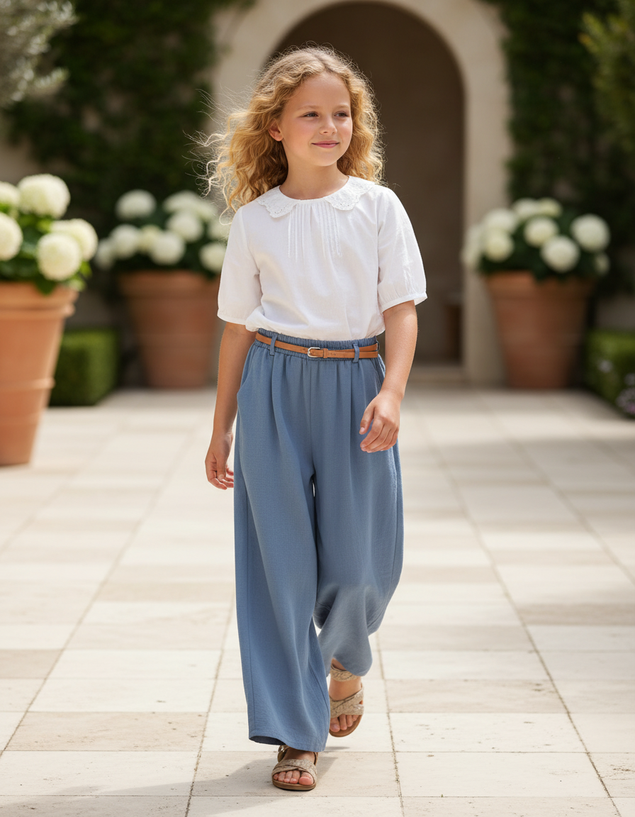Pantalon En Lin Bleu Ample Fluide Enfant