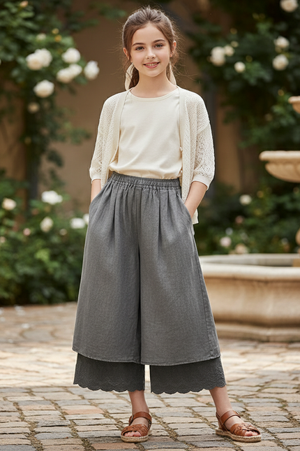 Pantalon En Lin Gris Ample Brodé Fille Fluide