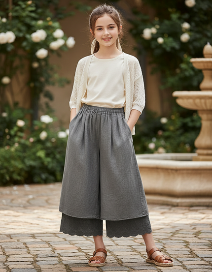 Pantalon En Lin Gris Ample Brodé Fille Fluide