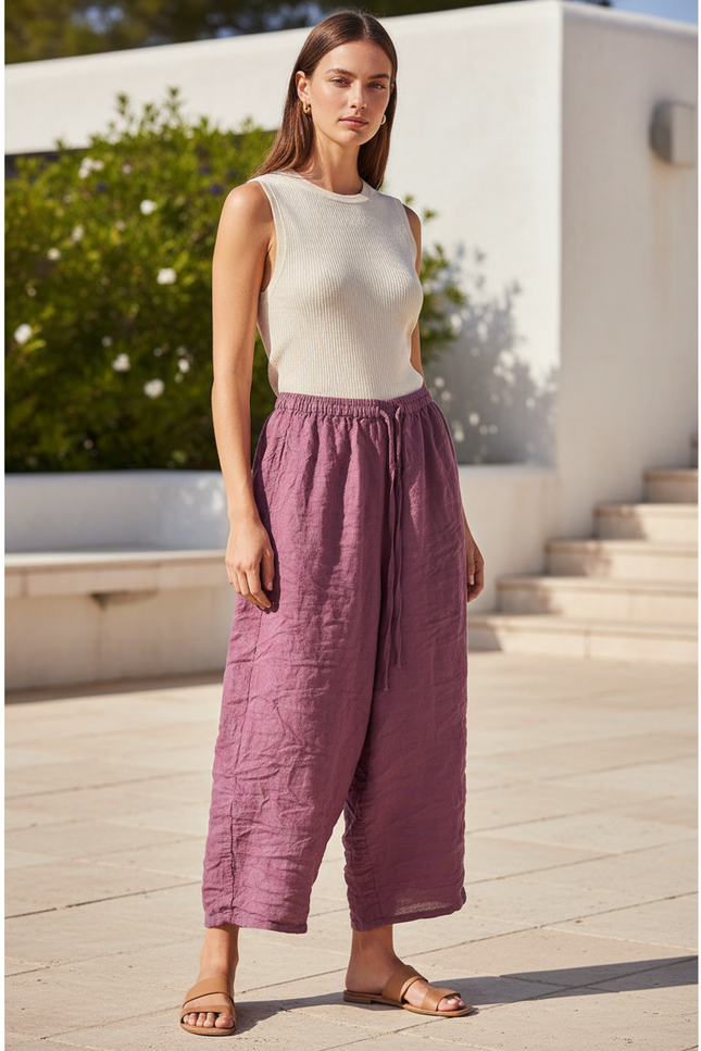 Pantalon En Lin Violet Ample Cordon Décontracté