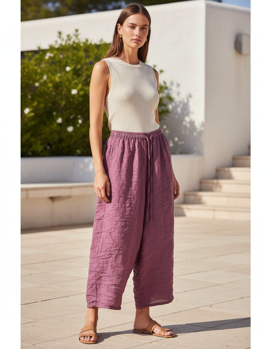 Pantalon En Lin Violet Ample Cordon Décontracté