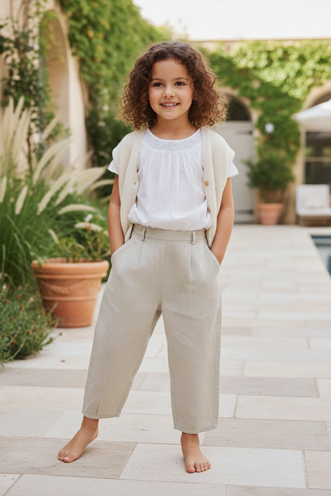 Pantalon En Lin Enfant Ample Droit Beige Décontracté