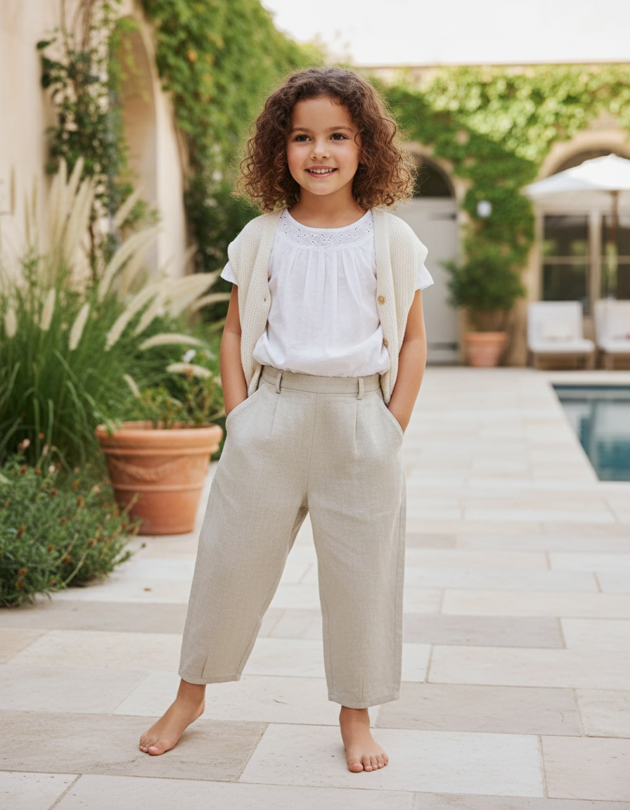 Pantalon En Lin Enfant Ample Droit Beige Décontracté