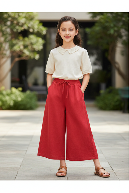 Pantalon En Lin Rouge Ample Fille Décontracté Fluide Confortable