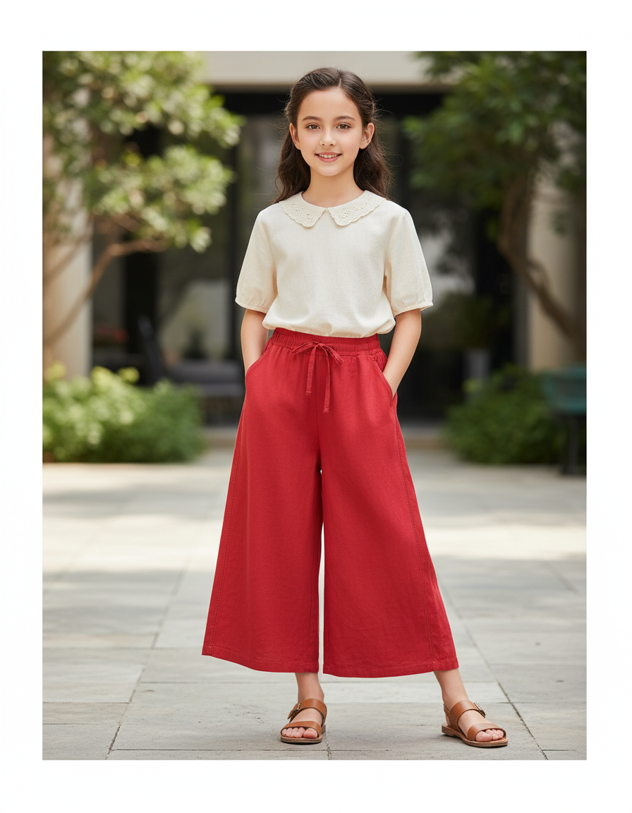 Pantalon En Lin Rouge Ample Fille Décontracté Fluide Confortable
