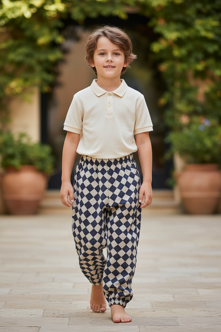 Pantalon En Lin Carreaux Losanges Ample Décontracté Enfant - Imprimé