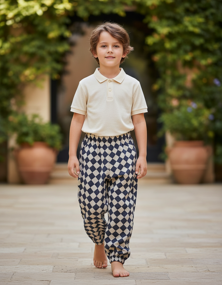 Pantalon En Lin Carreaux Losanges Ample Décontracté Enfant - Imprimé