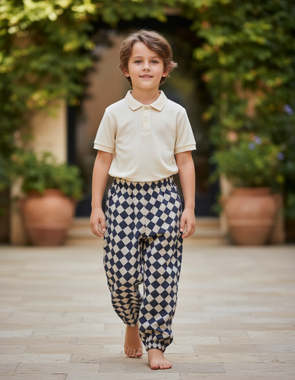 Pantalon En Lin Carreaux Losanges Ample Décontracté Enfant - Imprimé