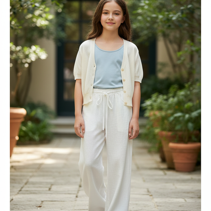 Pantalon En Lin Blanc Ample Fluide Confortable Fille