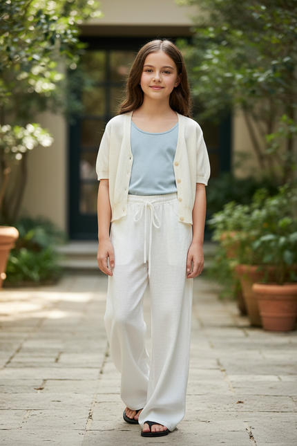 Pantalon En Lin Blanc Ample Fluide Confortable Fille