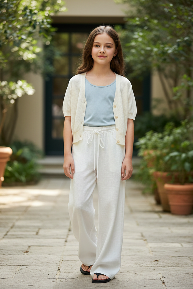 Pantalon En Lin Blanc Ample Fluide Confortable Fille