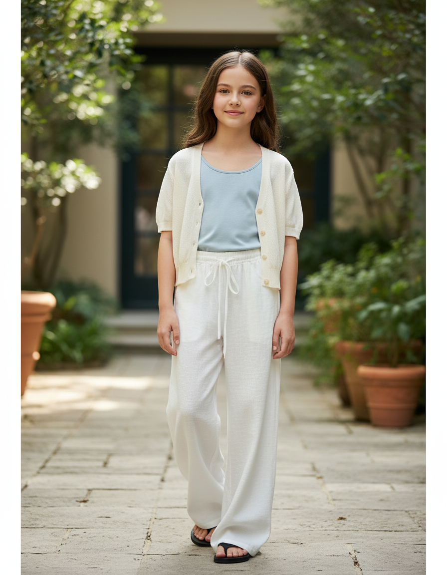 Pantalon En Lin Blanc Ample Fluide Confortable Fille