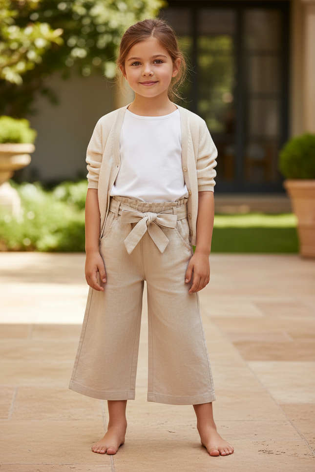 Pantalon En Lin Beige Ample Fille Ceinturé Confortable