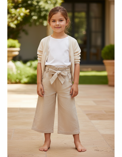 Pantalon En Lin Beige Ample Fille Ceinturé Confortable