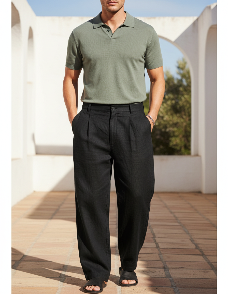 Pantalon En Lin Noir Ample Plissé Décontracté Homme