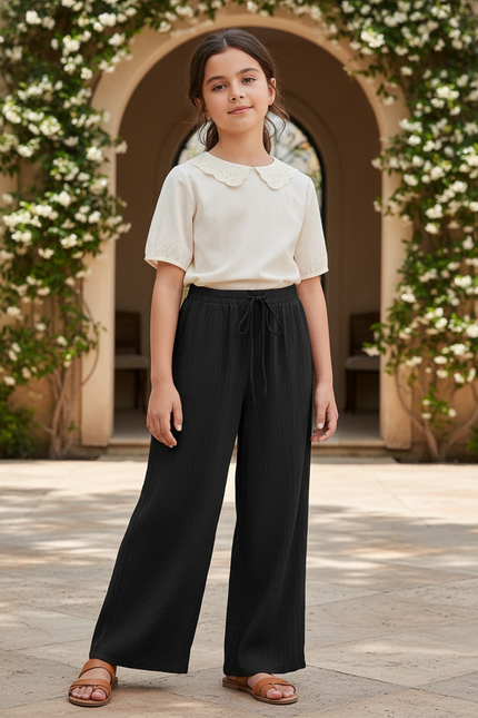 Pantalon En Lin Noir Ample Décontracté Cordon Fluide
