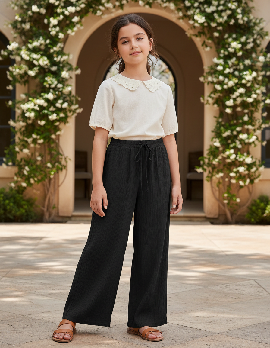 Pantalon En Lin Noir Ample Décontracté Cordon Fluide