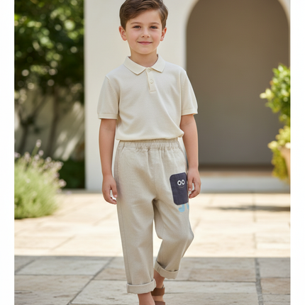 Pantalon En Lin Beige Garçon Décontracté Ample Original
