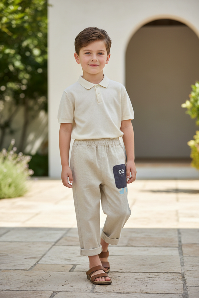 Pantalon En Lin Beige Garçon Décontracté Ample Original