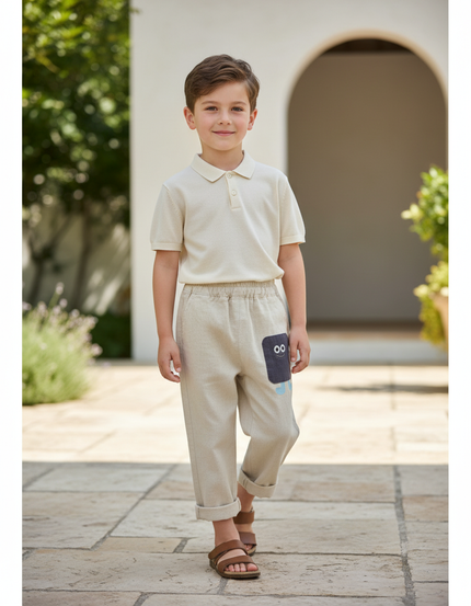 Pantalon En Lin Beige Garçon Décontracté Ample Original