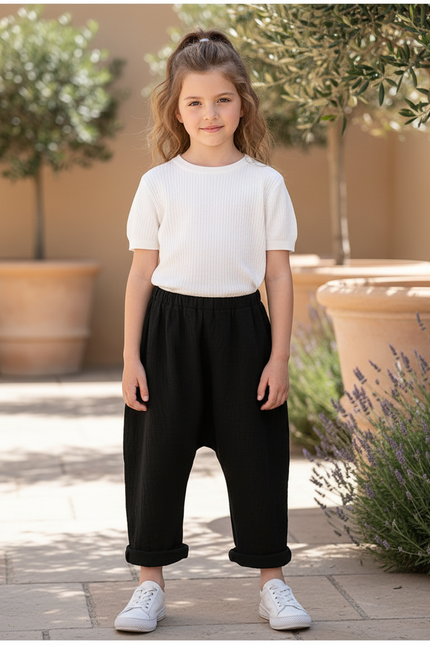 Pantalon En Lin Noir Ample Décontracté Enfant